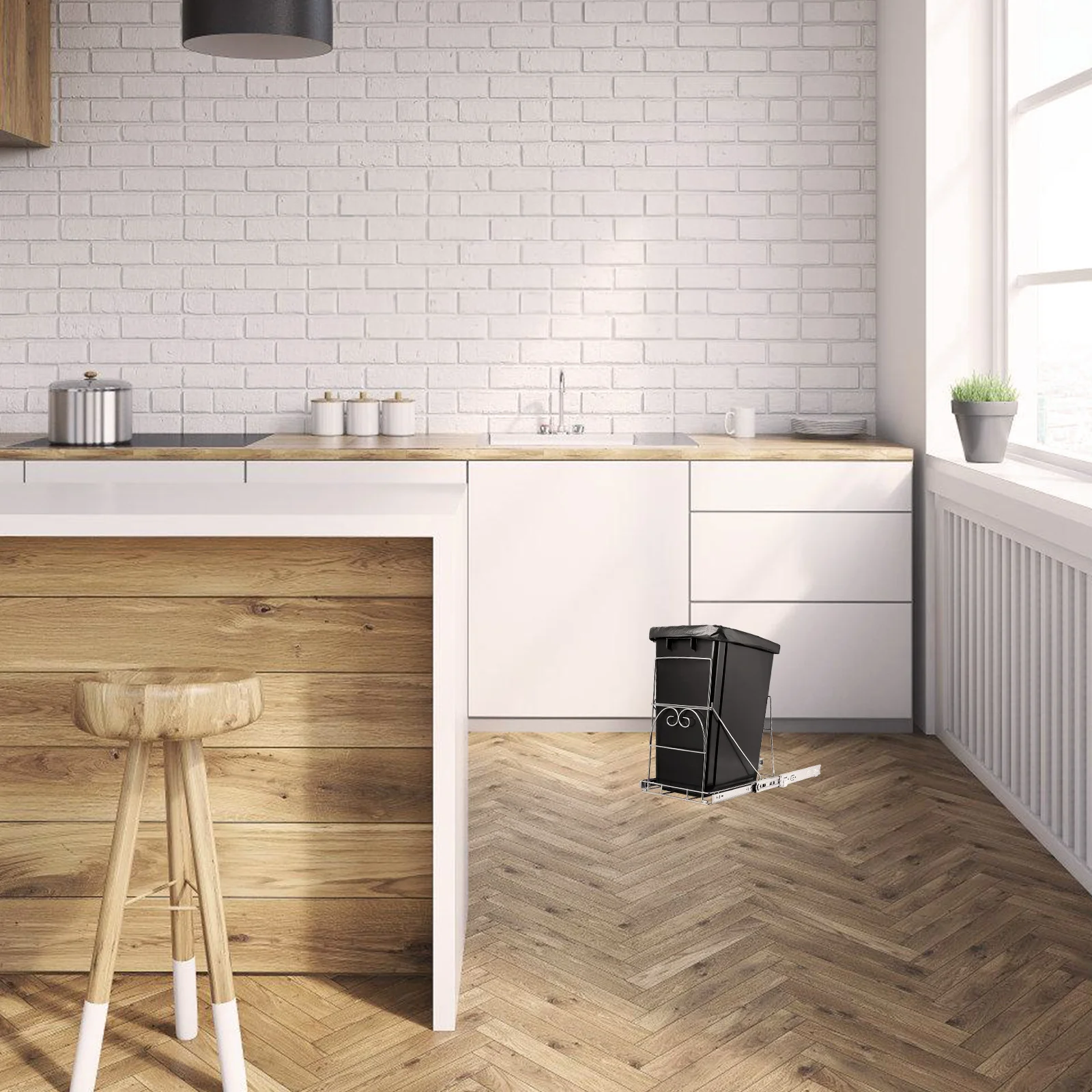 

Stainless Steel Under Sink Pull Out Trash Can Rack 28-44 Quarts Slide-Out Shelf with Basket for Kitchen Trash Can Pull Out Shelf