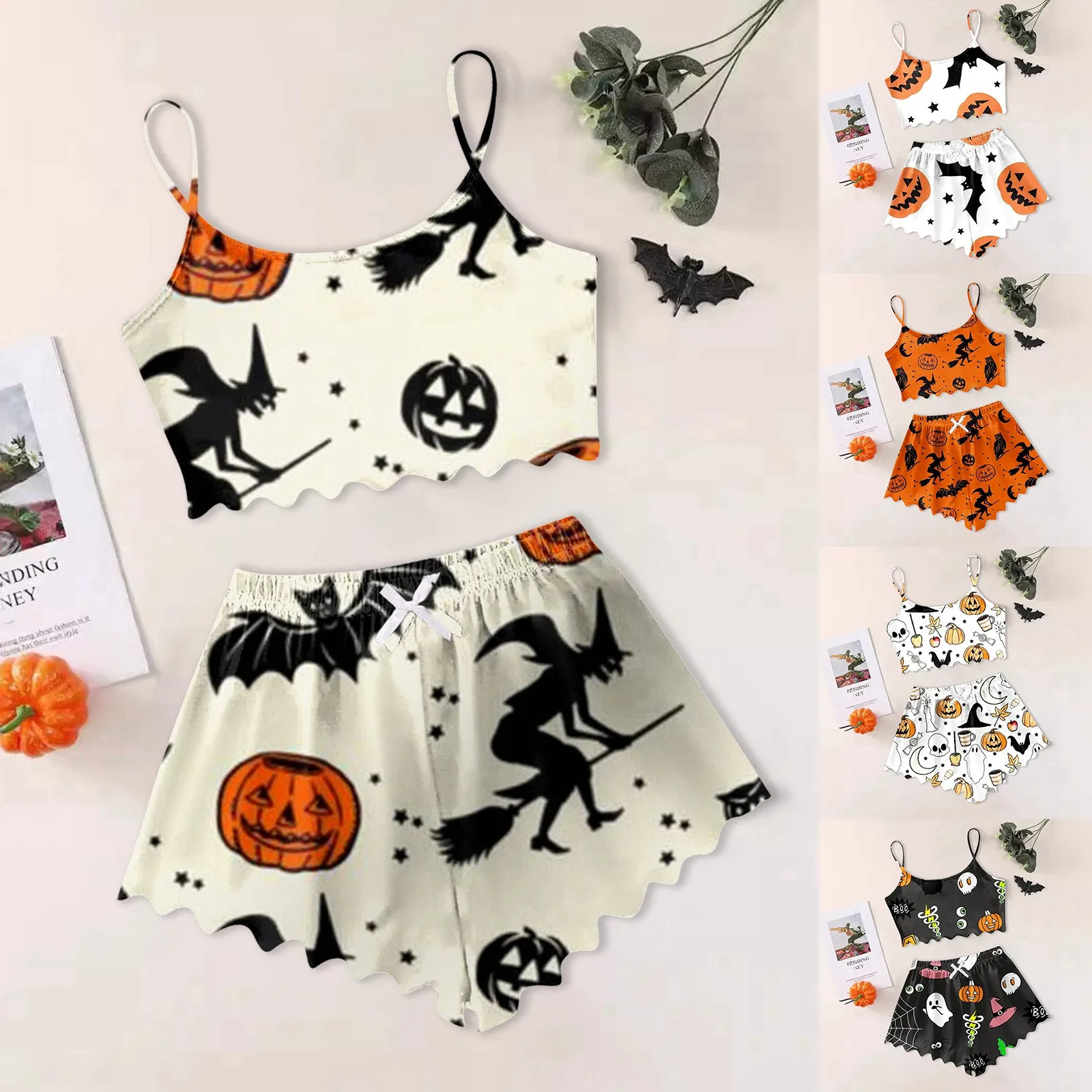 Women's Pajama Set Halloween Pumpkin Skeleton Witch Print Lounge Wear Sleeveless Tops And Lettuce Trim Shorts Sleepwear 2024