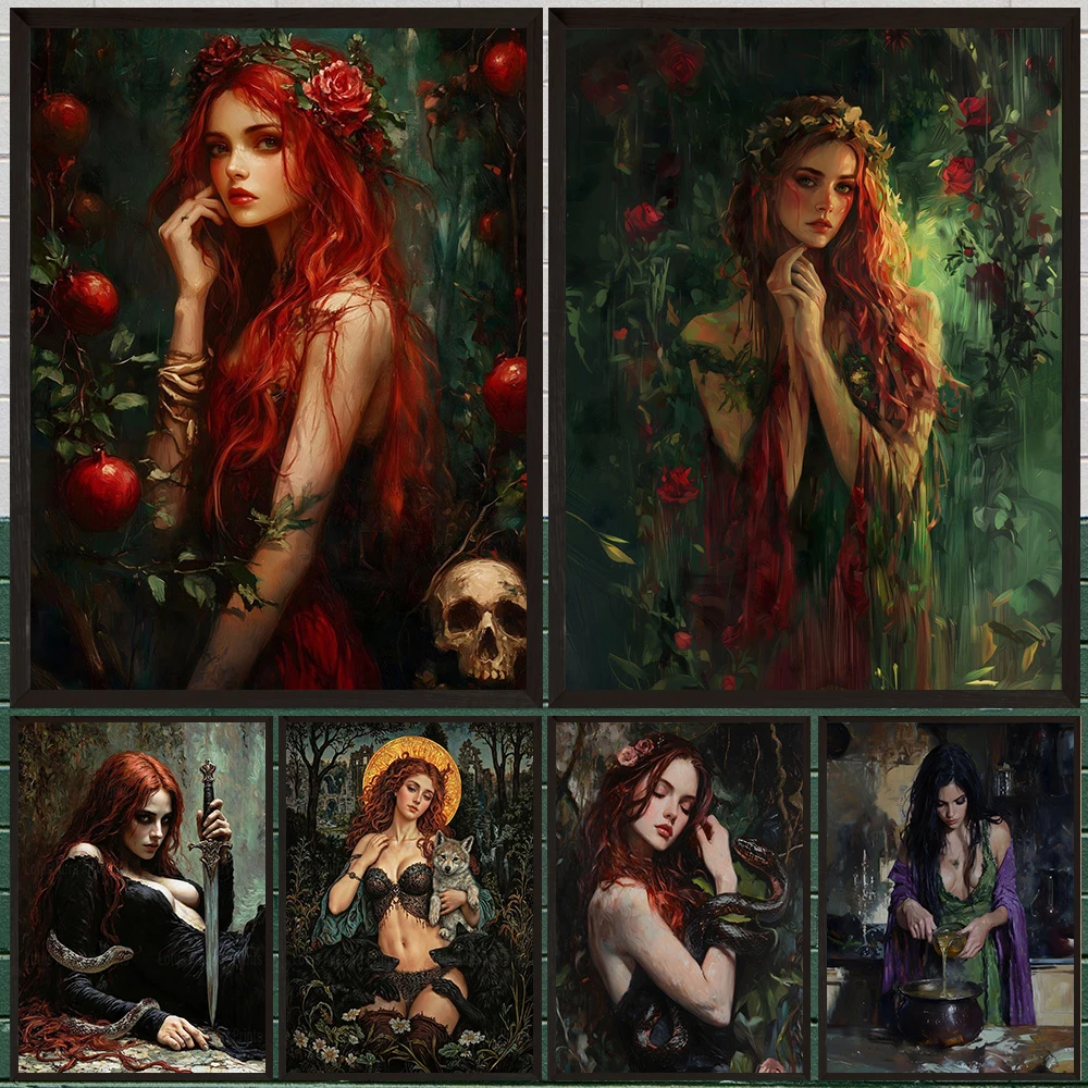 Red-Haired Witch Lilith,Persephone,Hecate,Moody Wall Art Canvas Painting,Dark Cottagecore Gothic Pagan Art Poster Print Decor