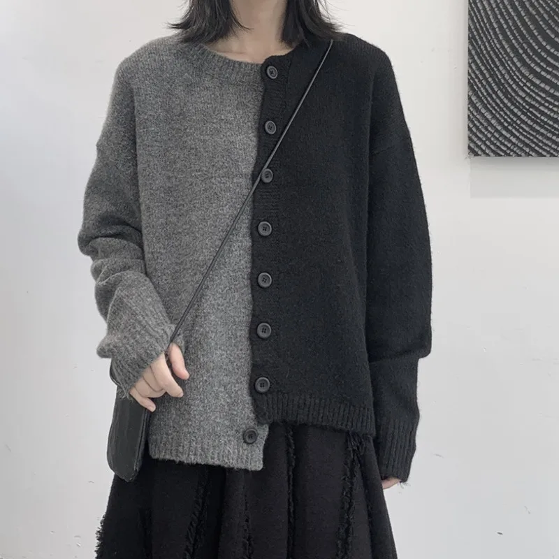 HKSH Autumn Winter New Women Tide Spliced Asymmetric Sweaters Trendy Niche Chic Casual O-Neck Knitted Cardigan Coats Ins HK12648
