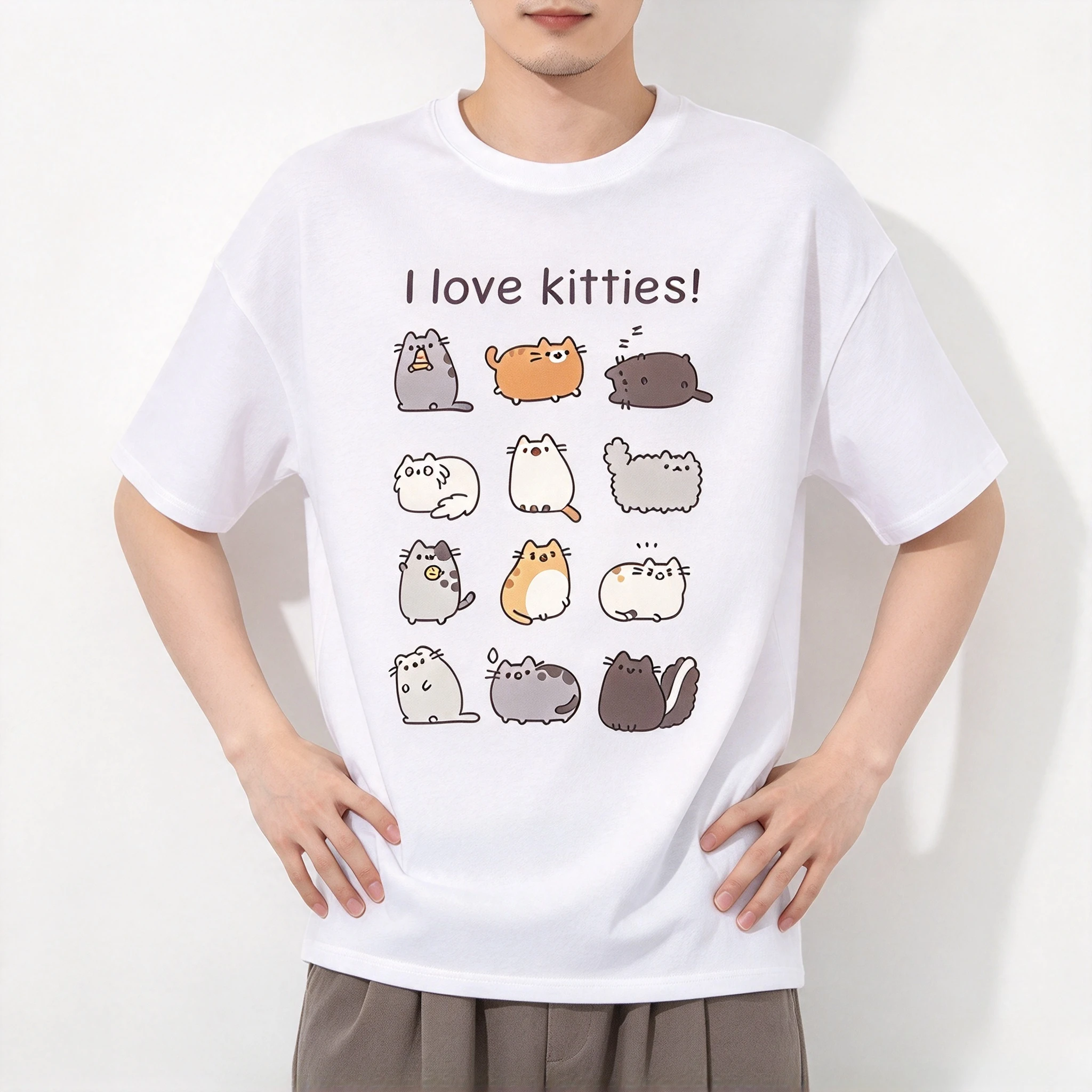 Simple Loose Modal Short Sleeve T Shirt Japanese Korean Street Style Cartoon Kitties Graphic Print Casual Unisex Tee