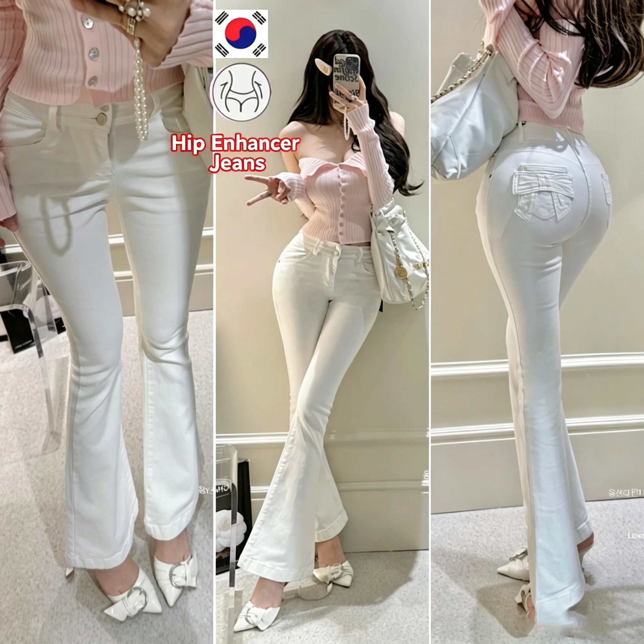 Sweet‑Style Women's Bootcut Jeans, 3D Bow Decor Pockets Hip‑Enhancing Design, Slim‑Fit Long Flare Denim Pants for Ladies