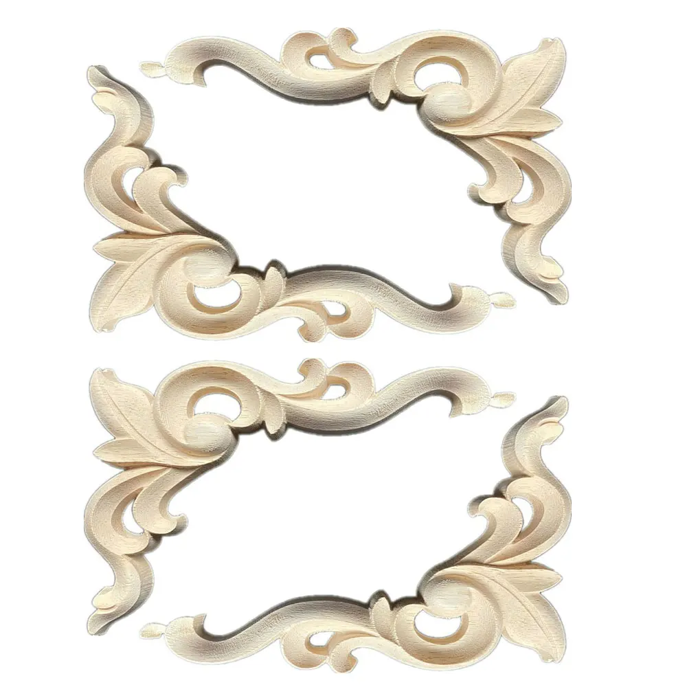 4PCS 15cm 16cm Vintage Wood Carved Decal Corner Onlay Applique Frame Furniture Wall Unpainted for Home Cabinet Door Decor Craft