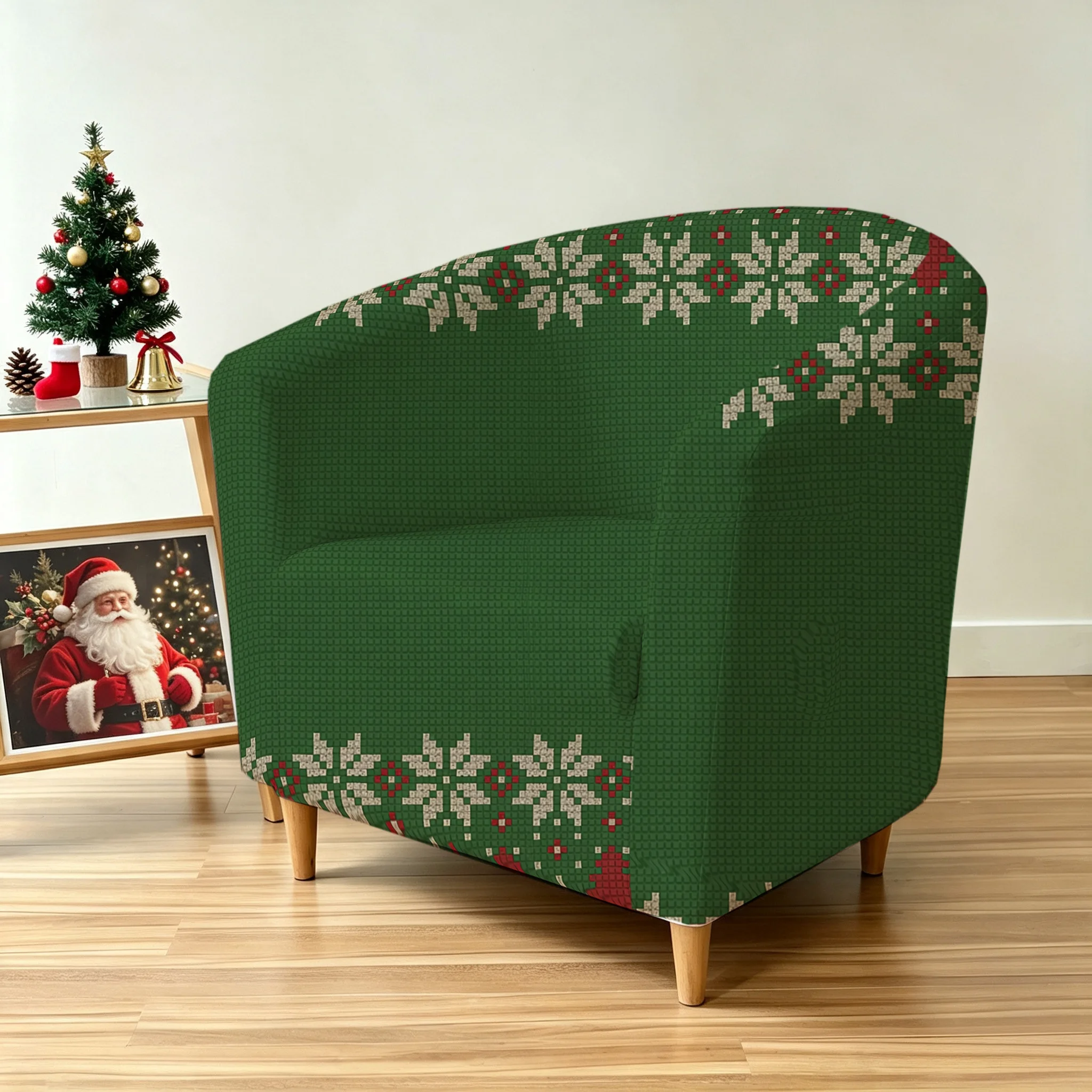 Christmas Fair Isle seamless imitation knitted poinsettias pattern armrest sofa cover, 2D printed elastic single club sofa cover