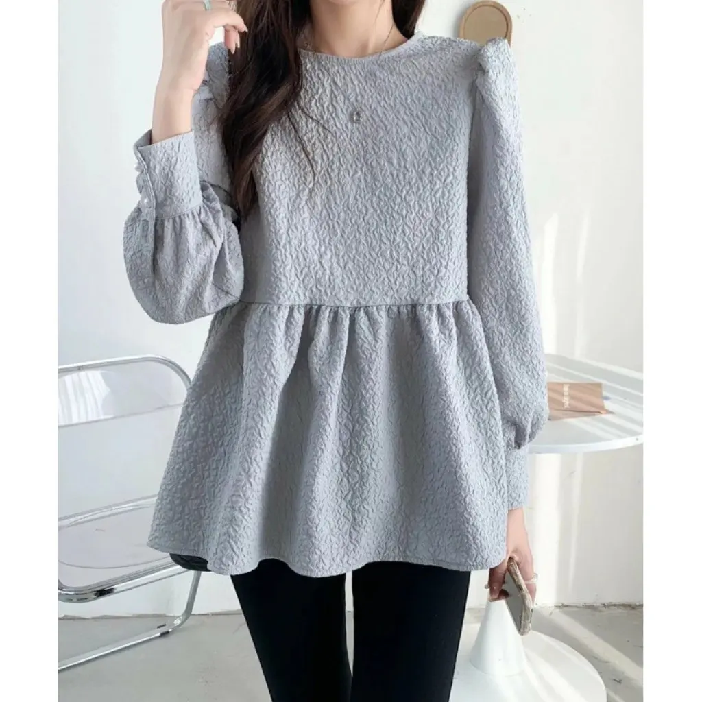 

Korean Style Sweet round Neck Pullover Top for Women Solid Color Short Skirt Spring Autumn Fashion T-shirt
