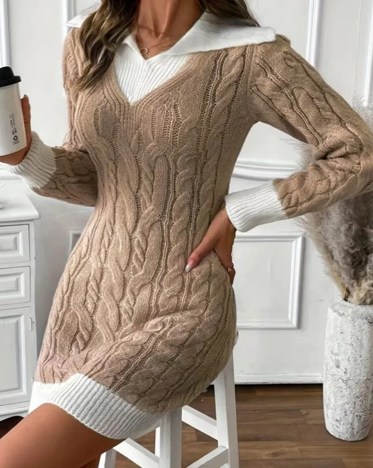 المرأة أزياء تويست اللون حجب سترة محبوك اللباس الخريف الشتاء ضئيلة الخامس الرقبة الورك