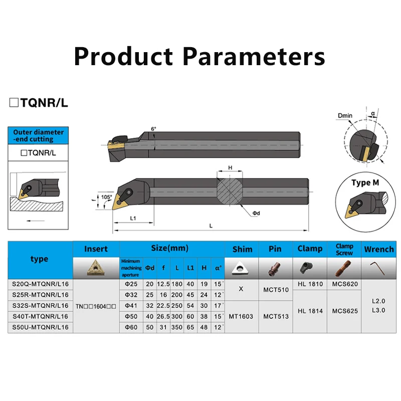 S16Q-MTQNR S20R-MTQNR S25S-MTQNR S32T-MTQNR Internal Turning Tool -MTQNR/L Lathe Bar Turning Holder CNC Cutting Tool Cutter Bar