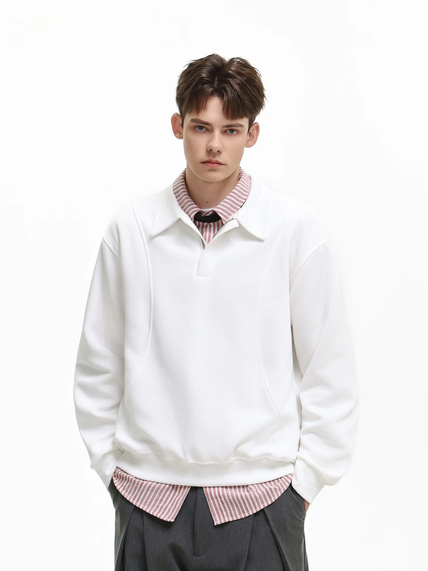 SDMADE American Style Air Cotton Zipper  Shirt Long Sleeve Men's Retro Deconstructed Shape Top Elastic Loose Fit Daily Wear