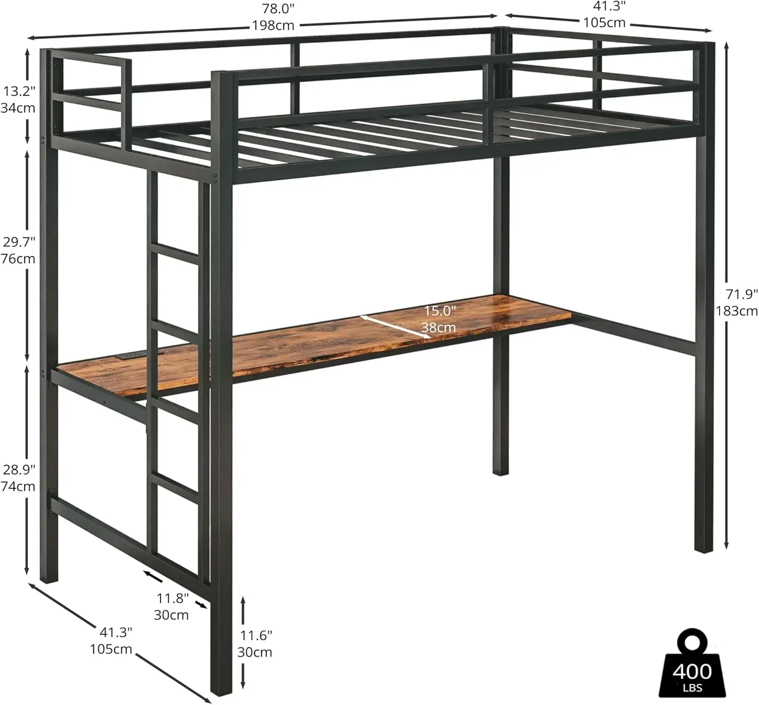 Lit double avec bureau, cadre de lit loft en métal avec prise de courant et éclairage LED, peu encombrant, antibruit, noir