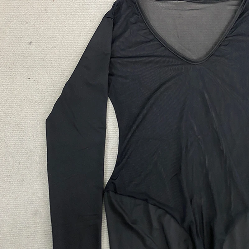 

Summer Slim Fit Midi One-piece Women's Sexy Sheer Mesh Insert Long Sleeve High Neck Black Bodycon Party Clubwear One-piece Pants