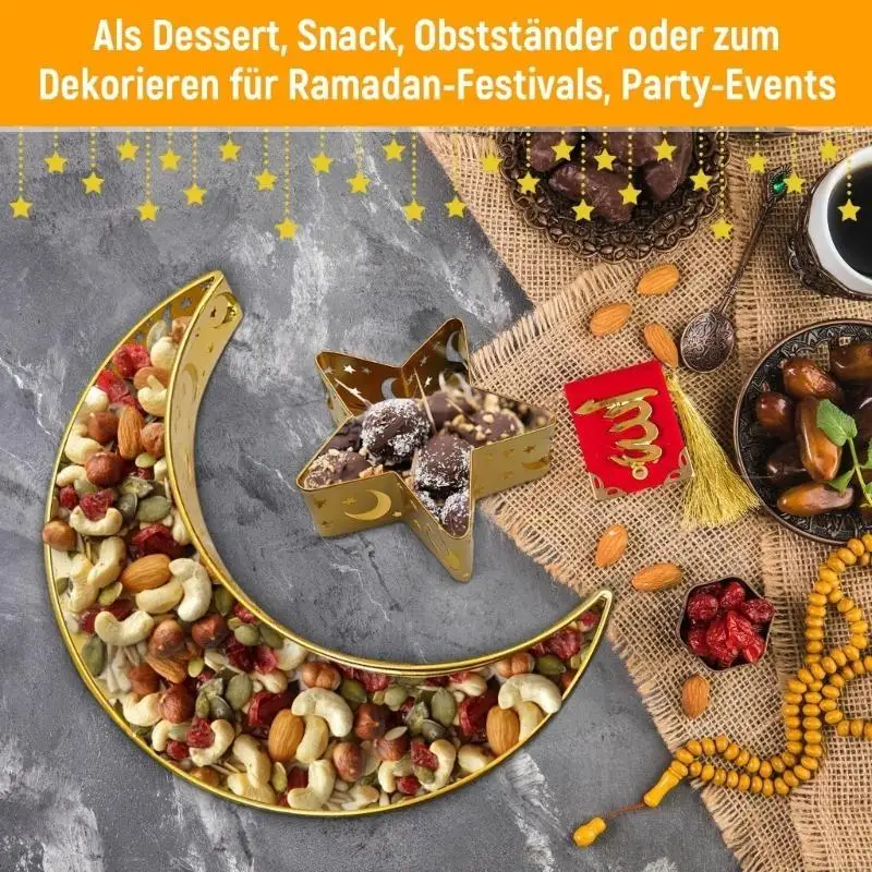 H8WB Ramadans Eids Mubarak Metal Dessert Tray, Decorative Moon and Star Snacks Tray