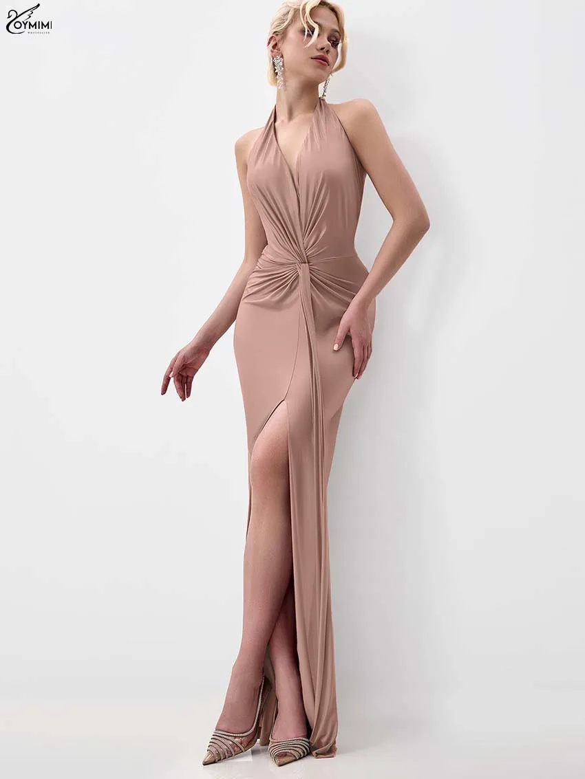 

Oymimi Fashion Orange Pink Dresses For Woman Elegant Halter Neck Open Back Slim Dresses Autumn Lace-Up Slit Floor-Length Dress