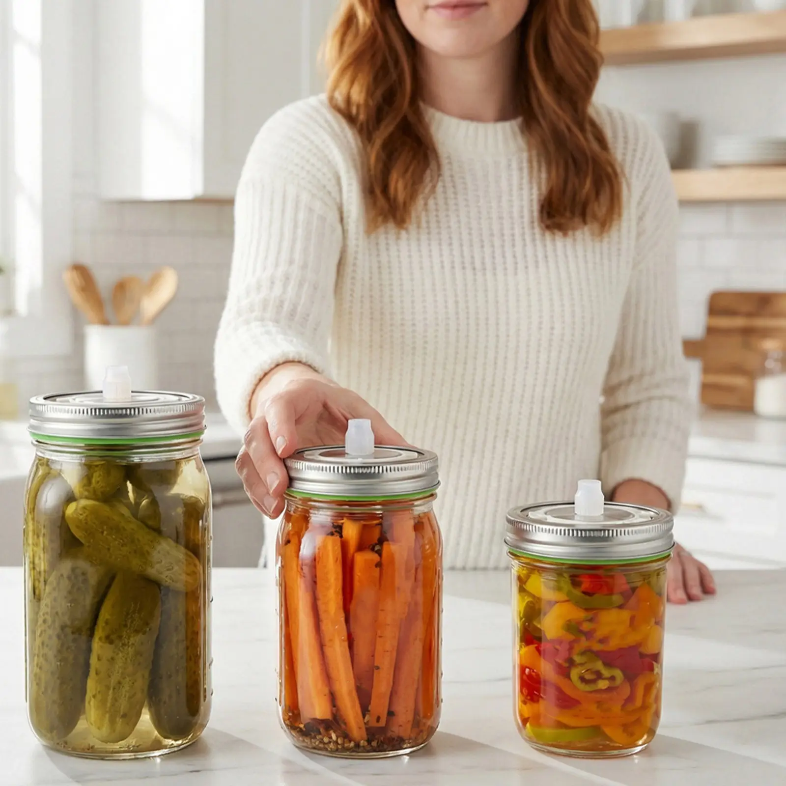 3Pcs Wide Mouth Mason Jar Fermentation Lids Stainless Steel Airtight Leak Resistant Date Tracking Fermenting Lid for Sauerkraut