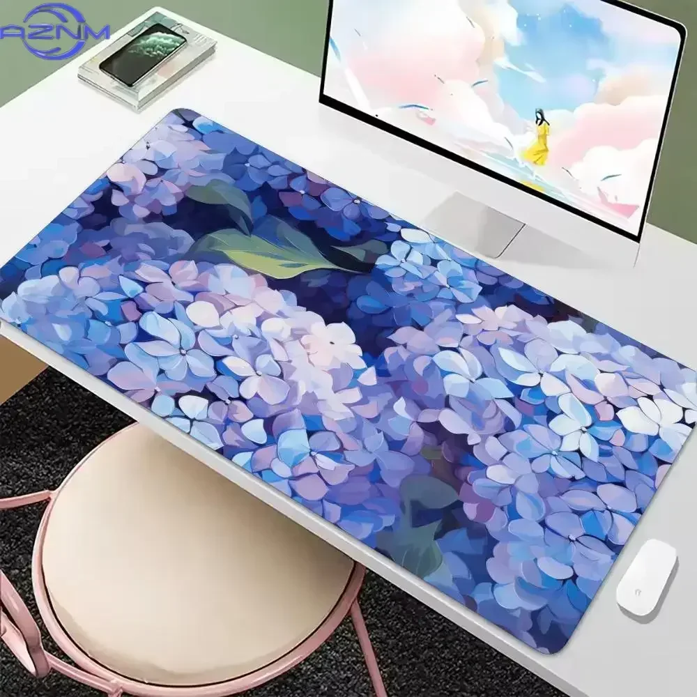 Watercolor Hydrangea Floral Large Gaming Desk Mat Extended Mouse Pad Smooth Cloth Surface Non-Slip Washable Stitched Edge for PC