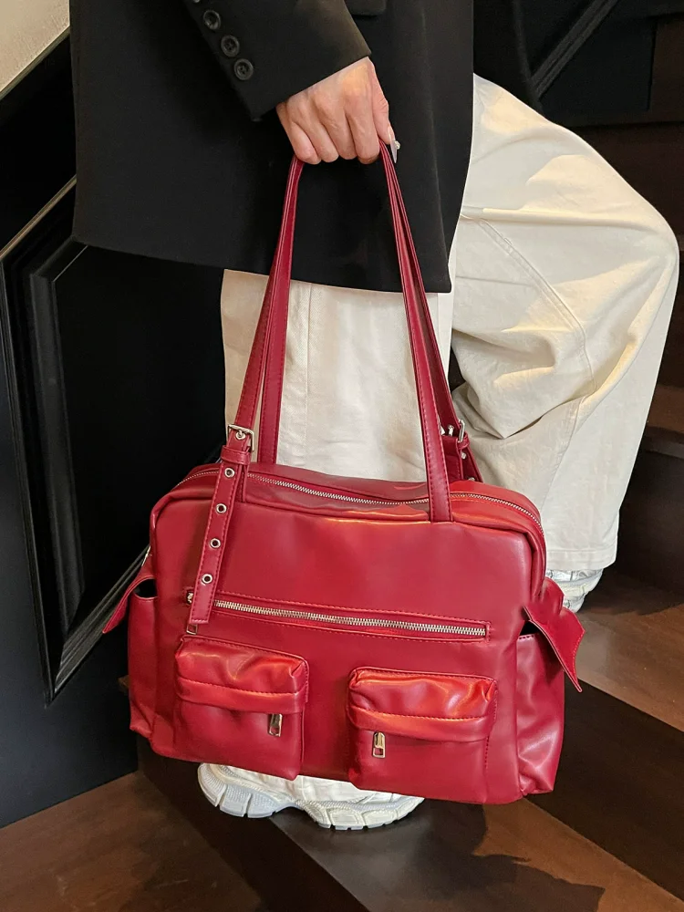 

New South Korea Designer Underarm Bags for Women Luxury Handbags Purses Vintage Large Multi Pockets Motorcycle Shoulder Bags