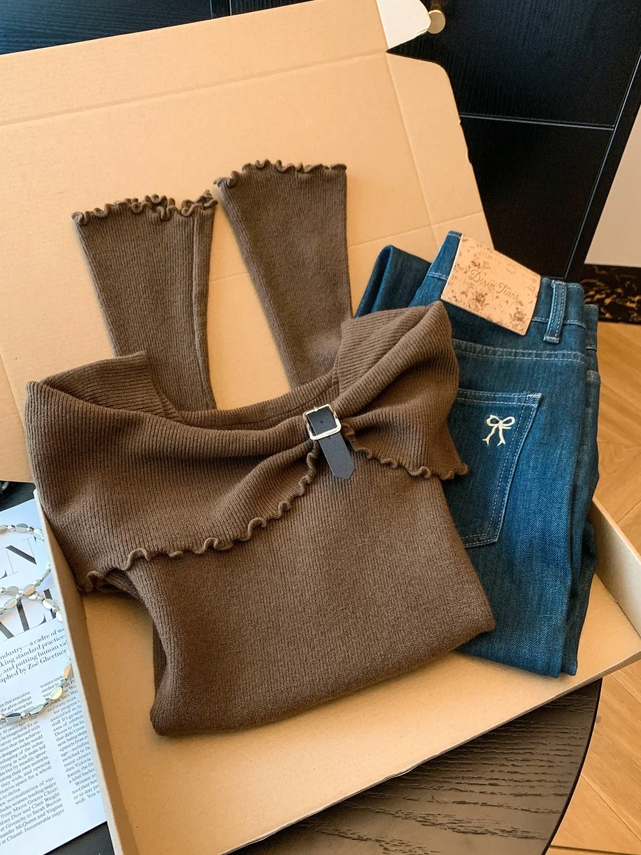 เสื้อถักไหมพรมสำหรับเด็กผู้หญิง ทรงปล่อยชายเสื้อไม่เท่ากัน คอเหลี่ยม ผูกโบว์ แขนยาวทรงบาน นุ่ม ระบายอากาศได้ดี หลายสี