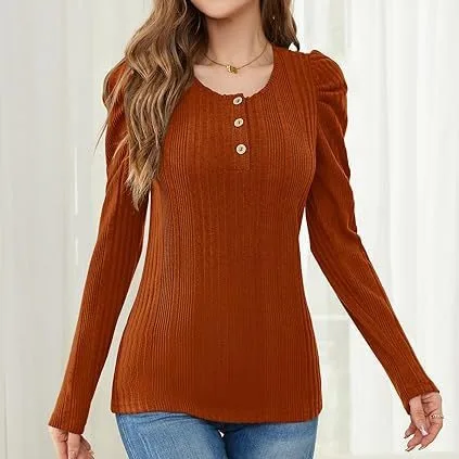 Women's New Spliced Pullovers O-Neck Button Puff Sleeve Fashion and Elegant Solid Color Slim Versatile Casual Long Sleeved Top