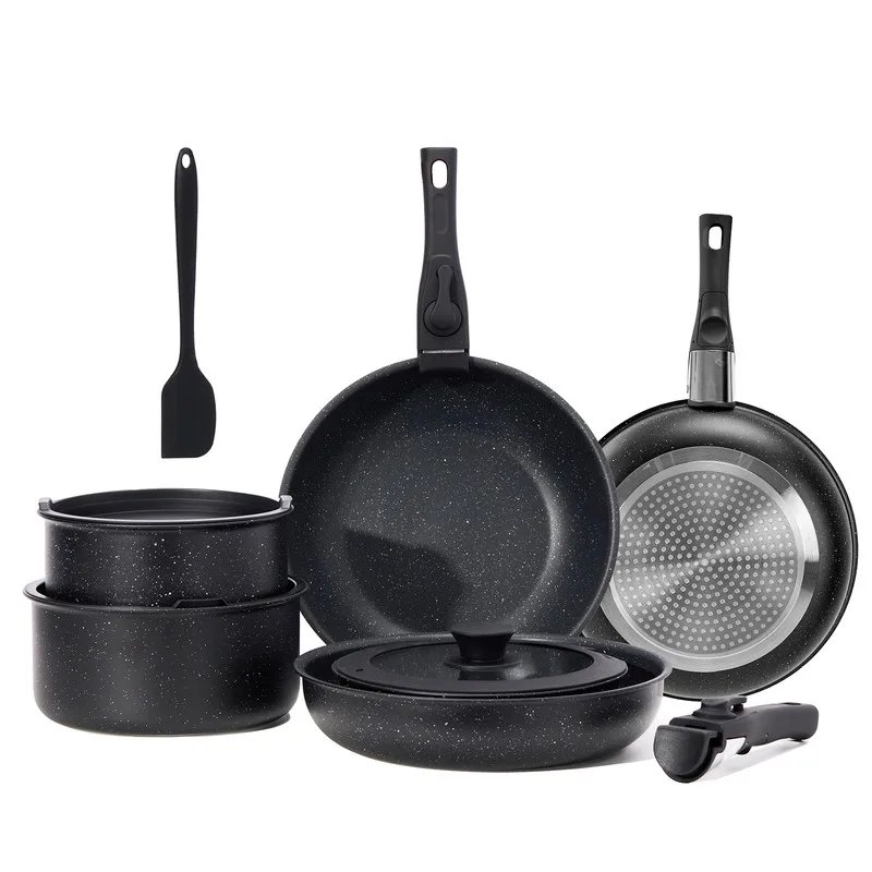 

12 Pcs Non-Stick Cookware Set, Pots and Pans Set, with Spatula & Detachable Handle for Kitchen, Black