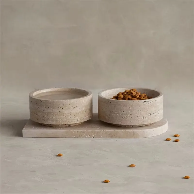 Wholesale Modern Yellow Travertine Feeder Small Size Portable Pet Bowl Round Custom Mark 12x12x5cm