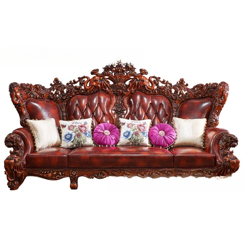 

European style villa, luxury high-end luxury European and American living room sofa combination, solid wood leather luxury