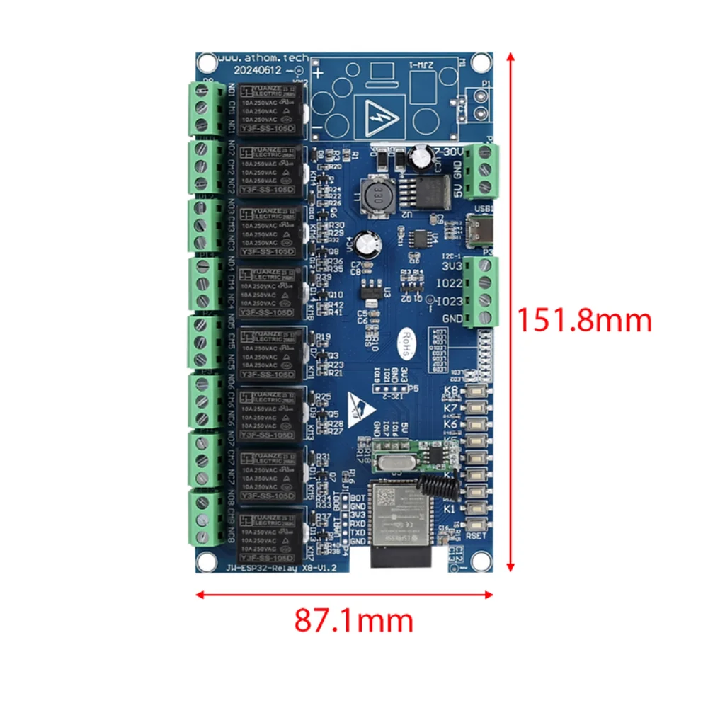 8CH ESP32 RF433 Inching/Self-lock Relay Made For ESPHome