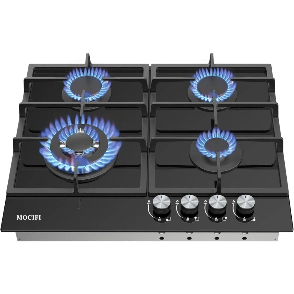 Estufa de gas integrada de 24 pulgadas, 4 quemadores, tapa de estufa de vidrio templado negro con kit de conversión NG/GLP de combustible dual, protección de termopar