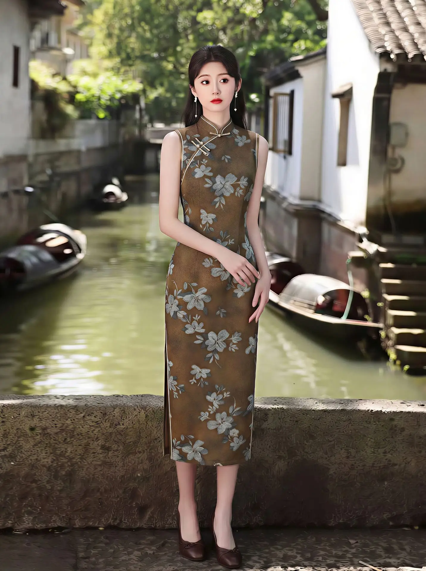

Retro Brown Chinese Style Sleeveless Print Cheongsam Summer Temperament Old Shanghai Qipao