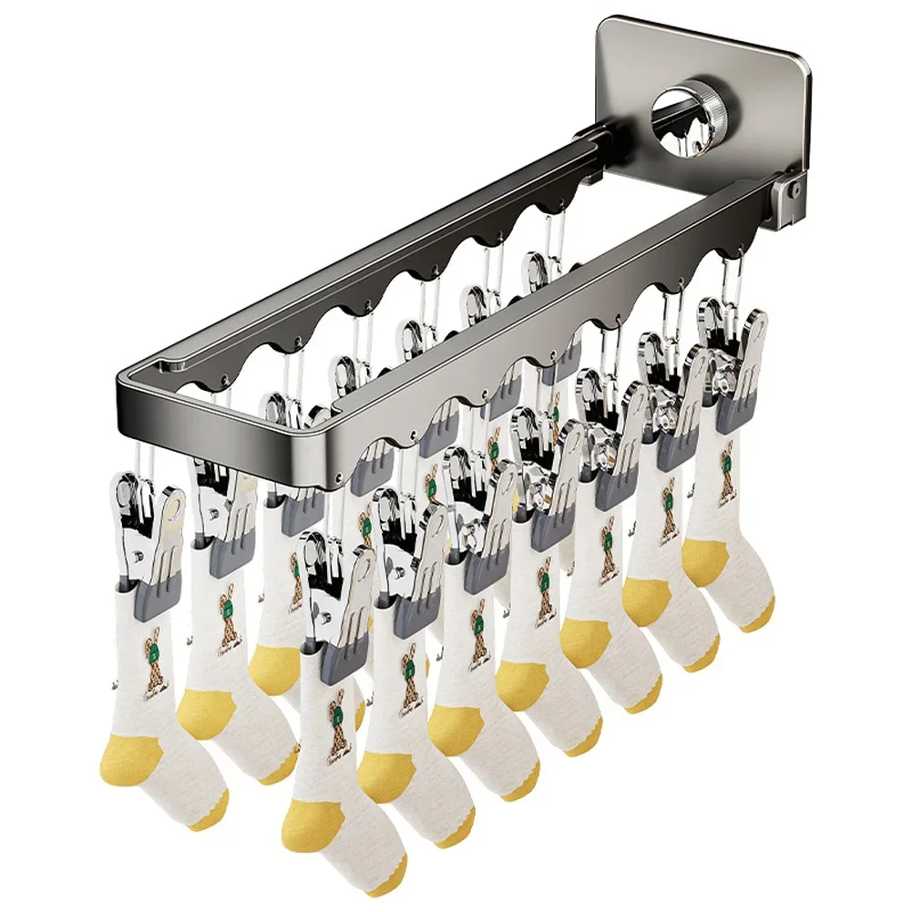 Foldable Wall Hanging Sock Drying Rack With 20 Stainless Steel Clips No Drill Installation Multifunctional Underwear Towel