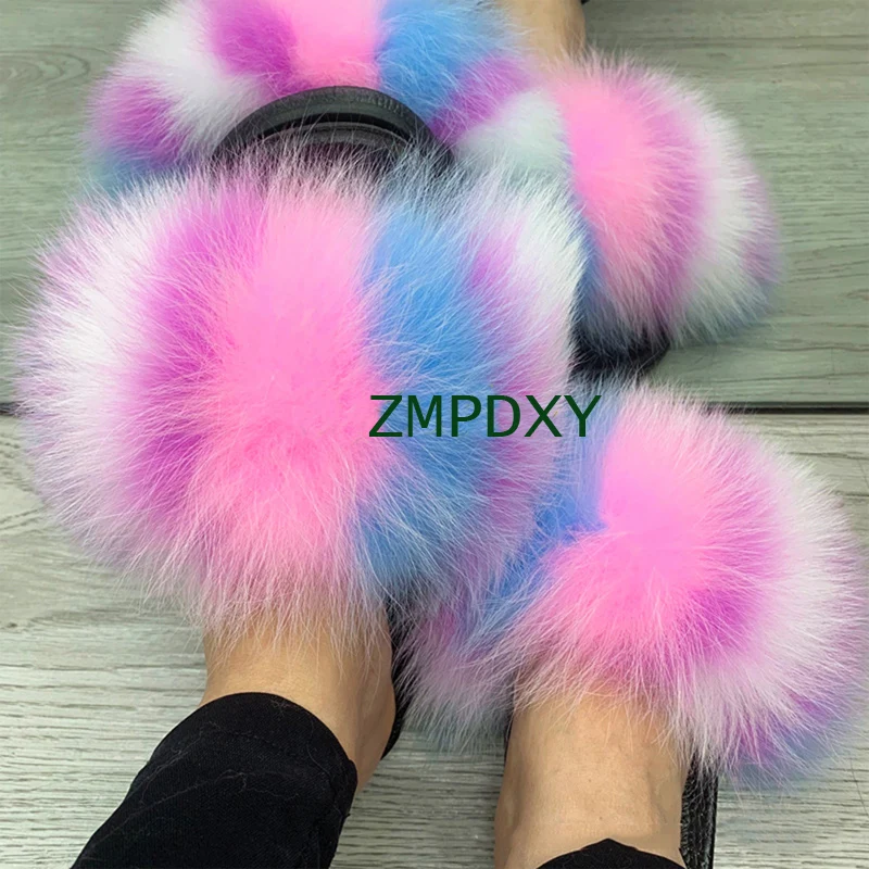 Wholesale New Designer Indoor EVA Racoon Furry Big Fur Slides Sandals Vendor Colorful Fluffy Fox Raccoon Fur Slipper For Women