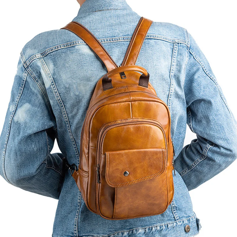 Men Backpack Cross body Shoulder Chest Bag Real Cowhide Retro Travel Designer Male Genuine Leather Knapsack School Rucksack