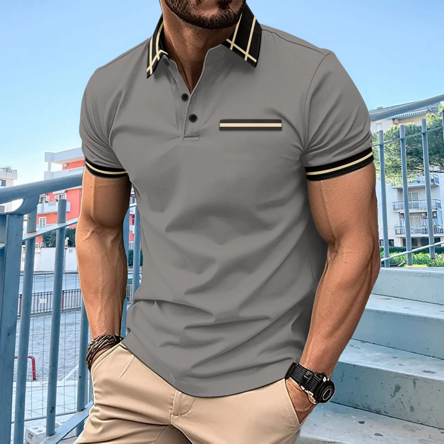 2024 Men's summer new short sleeved polo shirt collar fake pocket breathable polo shirt men's business casual top