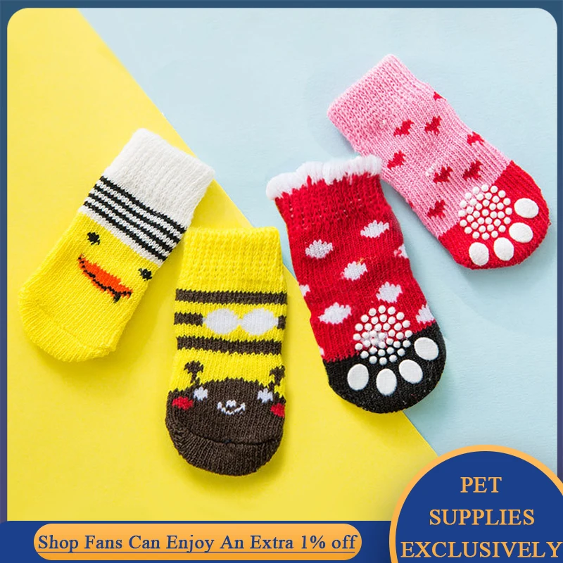 4Pcs/set Pet Dog Cotton Socks Autumn Winter Anti-Slip Knitted Small Dogs Shoes Thick Warm Paw Protector Puppy Indoor Wear Boot