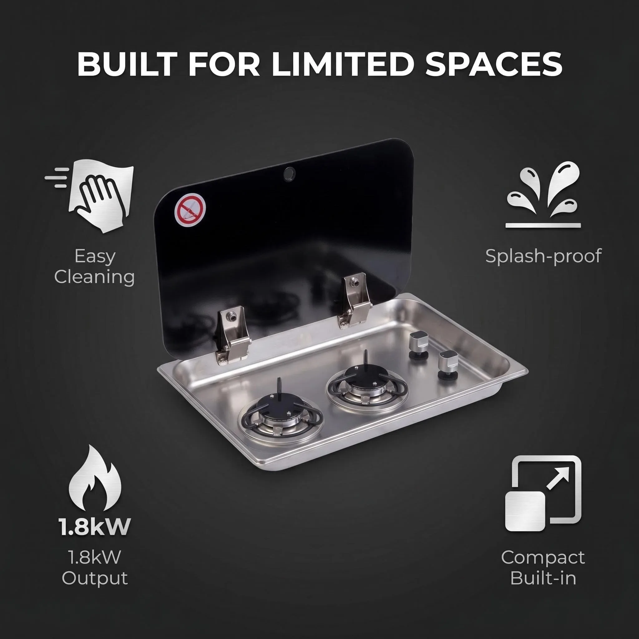 304 Stainless Steel Brushed Silver Lightweight Built-in RV 2 Burner Gas Stove with Lid for Motorhome Caravan Kitchen