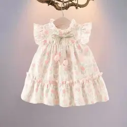 Summer  Girl Dress Tulip Cartoon Rabbit Print Small Flying Sleeves Flower Neck Bow Ribbon Tulip Flower Pattern