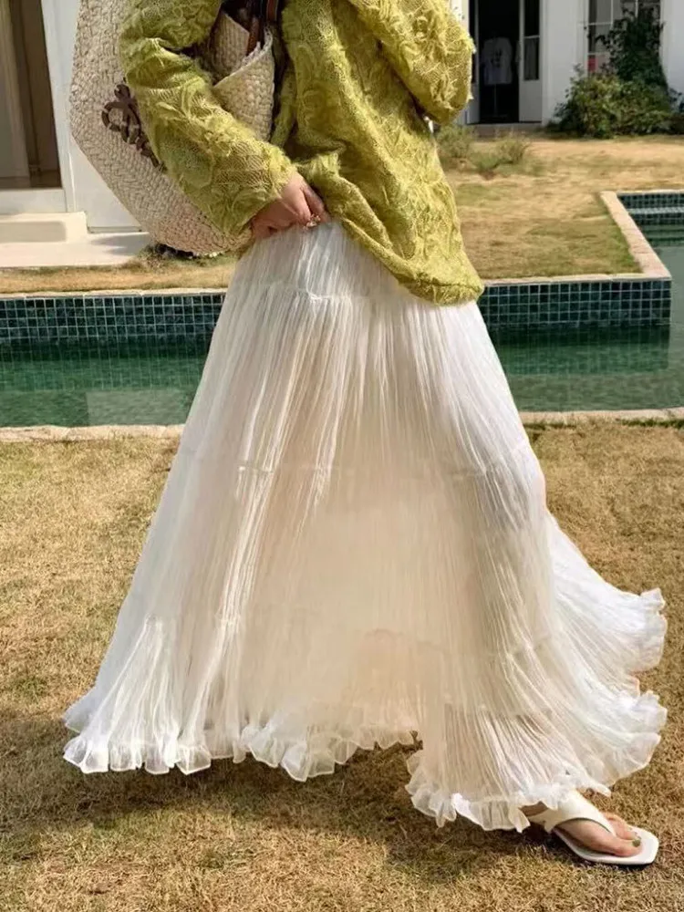 

Юбка А-силуэта белая для женщин, весна 2025, плиссированная, стройнящая, длинная, с завышенной талией, из смесового полиэстера, для повседневной носки