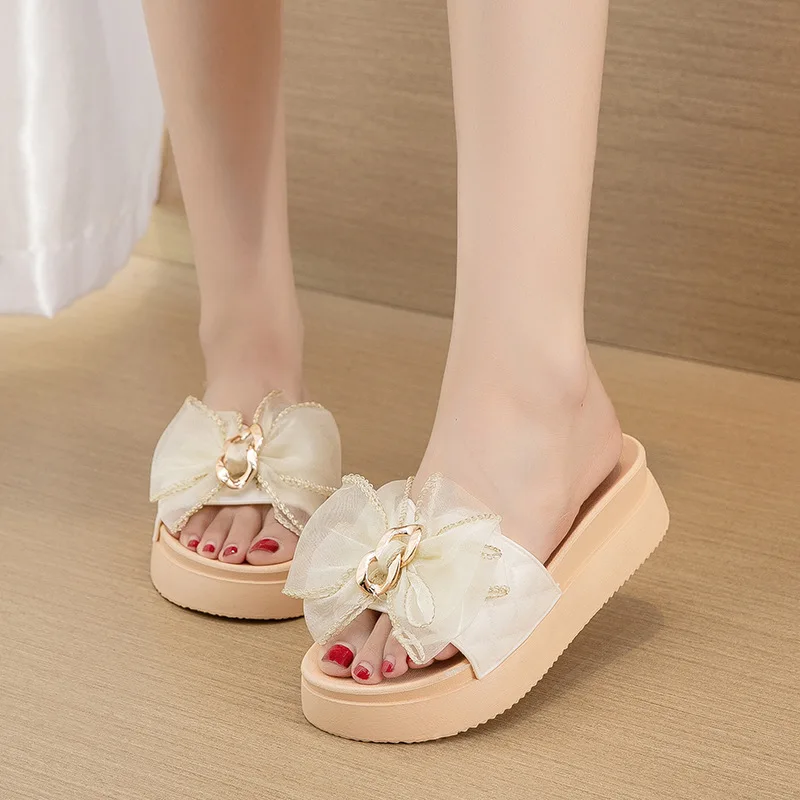 Women Bow Summer Sandals Slipper Indoor Outdoor Beach Shoes Summer Women's Shoes Flip Flops on The Platform