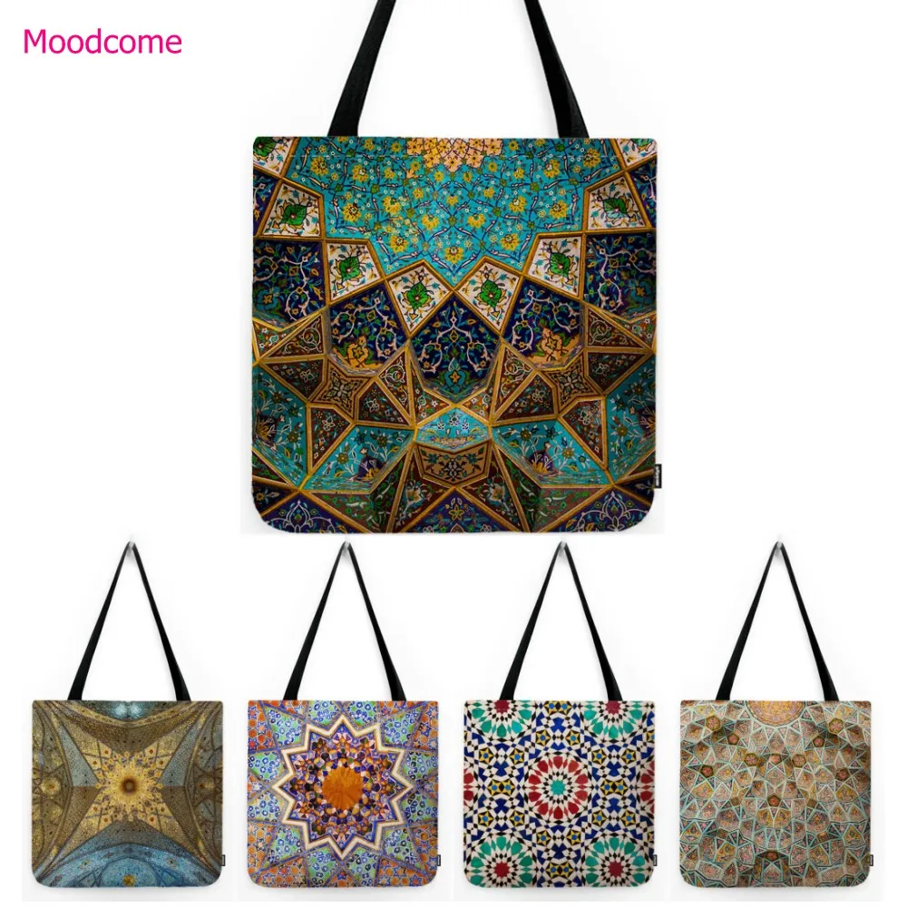 Classic Mosque Ceiling Mosaic Moroccan Pattern Arabic Tile Design Water Resistant Linen Shopper Bag Muslim Art Tote Bag