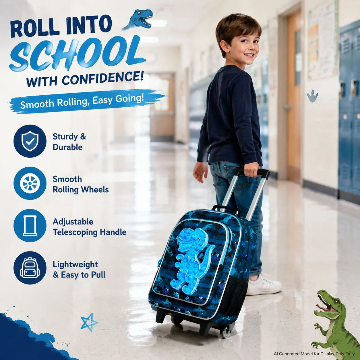 3PC Boys Blue Dinosaur Pop‑it Fidget Trolley Backpack Set, Cool Wheeled Rolling Schoolbag for Kids Elementary Daily School Use