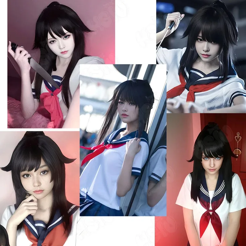 Peruka Cosplay Ayano Aishi HSIU 60CM długie czarne włosy odporna na ciepło peruka syntetyczna + czepek pod perukę Gra Yandere Simulator Peruka Ayano Aishi