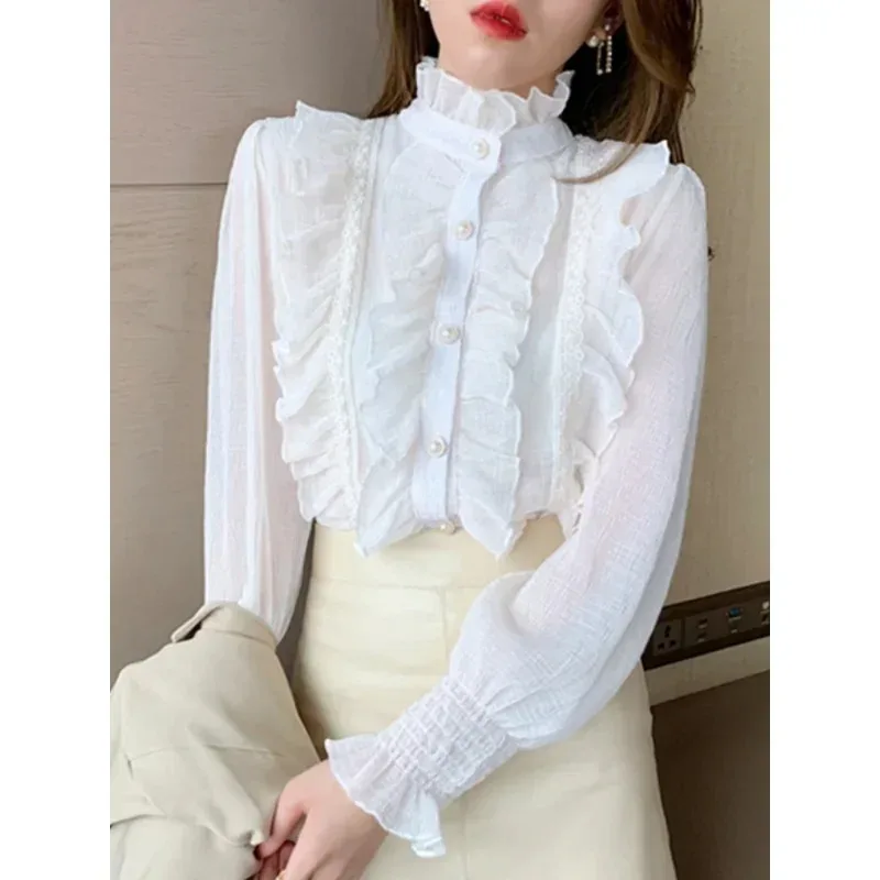 Sweet Chic Long Sleeve Stand Collar Blouse Women Casual Loose White Shirt Korean Style Lace Ruffle Chiffon Clothing Blusas 13433