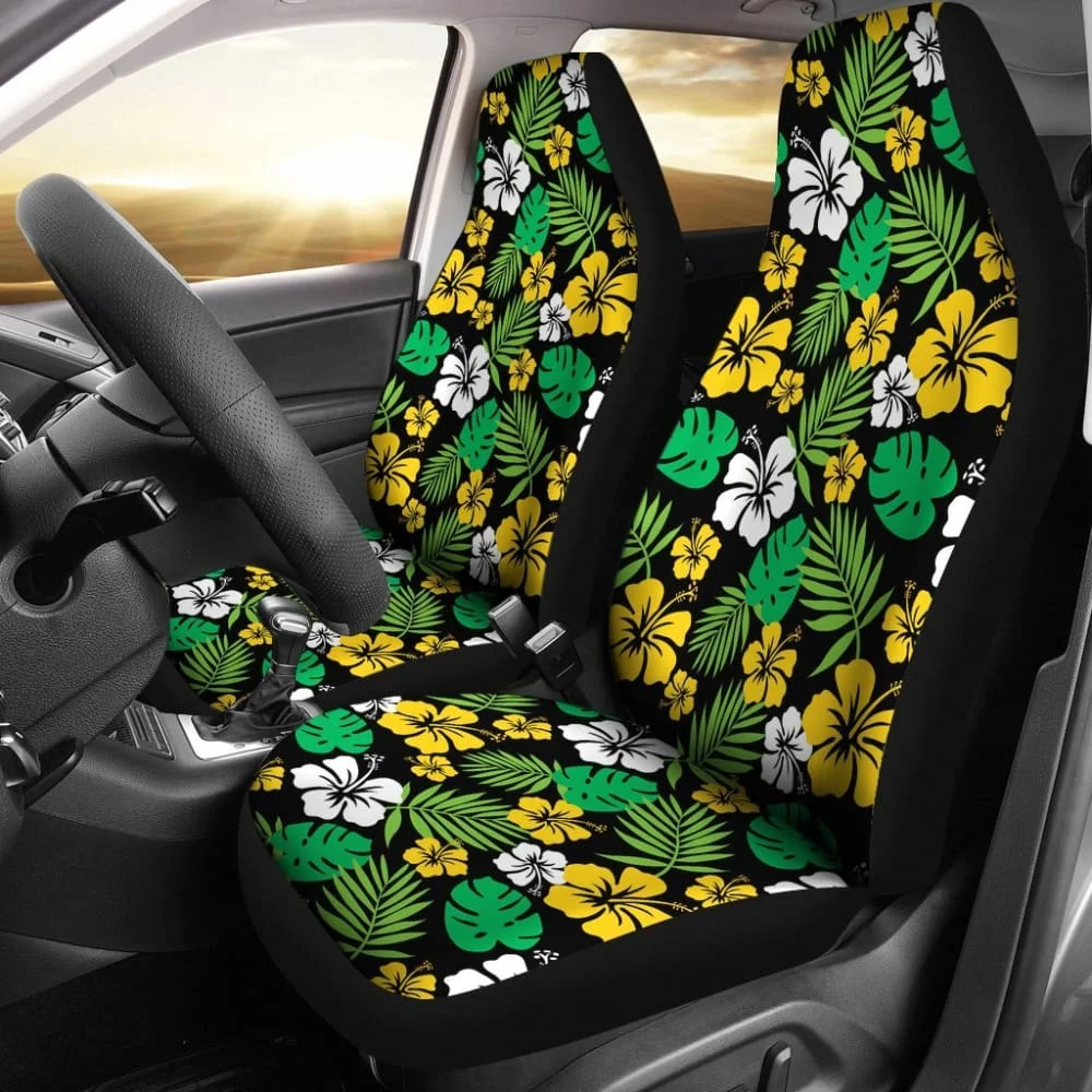 

Golden Yellow Hibiscus Flower Car Seat Covers In Hawaiian Tropical Pattern,Pack of 2 Universal Front Seat Protective Cover