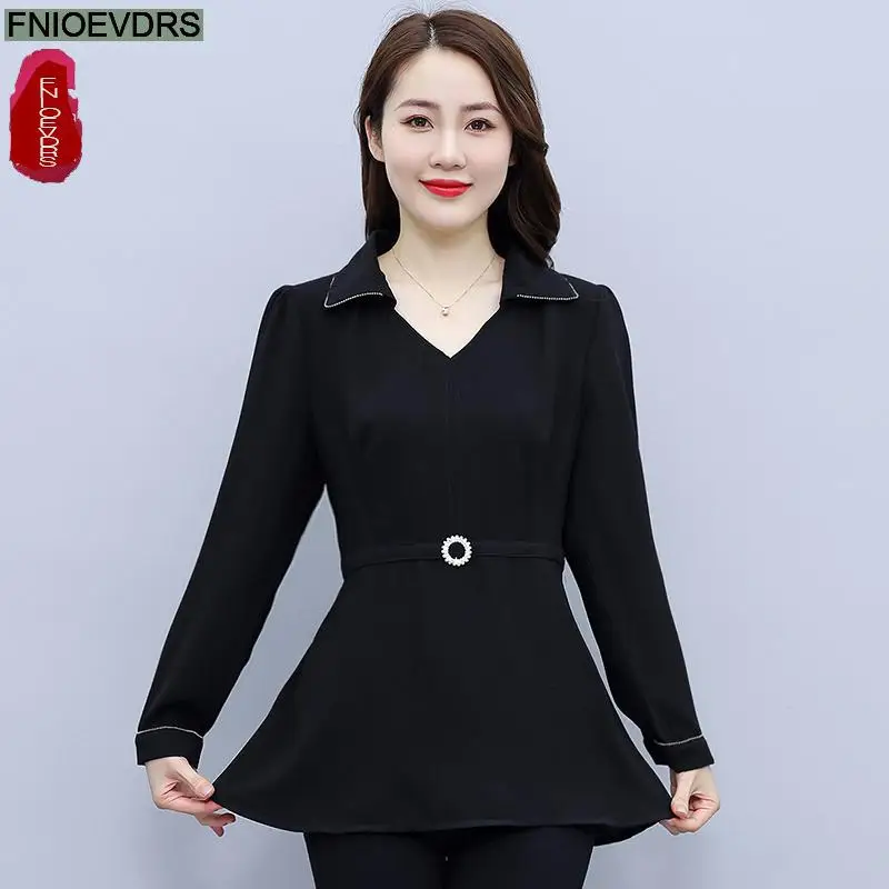 Loose Clothes Women 2024 Autumn Winter Elegant Office Lady Bling Button Shirts Black Retro Vintage Tunic Peplum Tops Blouses