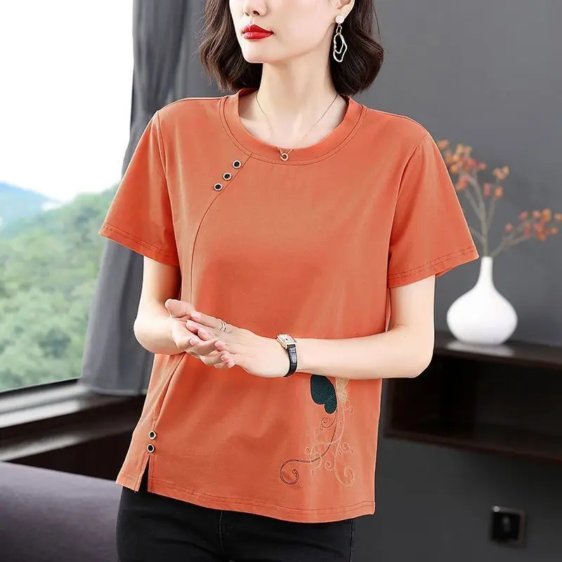 Korean Fashion Summer New Pure Cotton Women\'s O-Neck Embroidered Button Patchwork Casual Loose Short Sleeve T-Shirts Tops