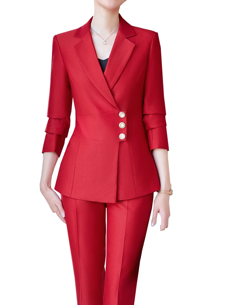 

High Quality Fashion Red Navy Black Ladies Pant Suit Women Female Work Wear Formal Jacket Blazer and Trouser 2 Piece Set