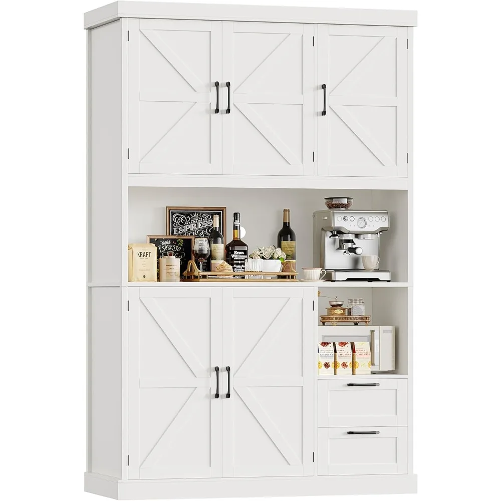 

76" Tall Kitchen Pantry Storage Cabinet, Farmhouse Kitchen Hutch Cabinet with Microwave Stand, 47" Wide Food Pantry with Drawer