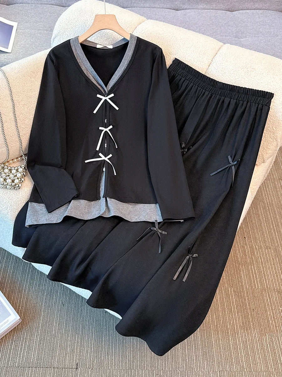 

150Kg Plus Size Women's Bust 147 Spring Autumn V-Neck Color Block Patchwork Padded Two-Piece Set With Top Skirt 6XL 7XL 8XL 9XL