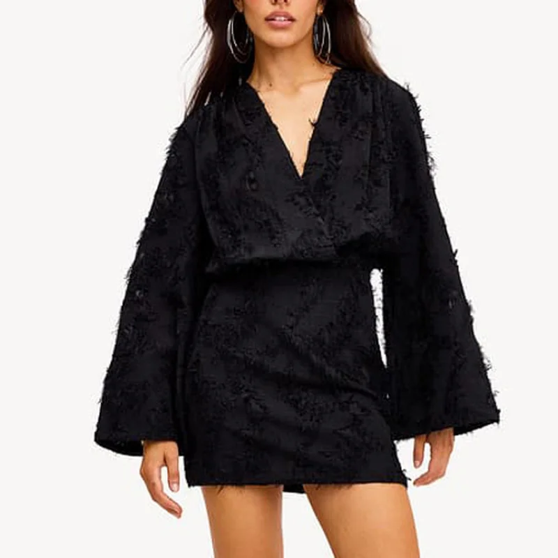 

New Spring and Autumn Solid Color Jacquard Long SleeveVCollared Bodycon Short Dress Loose Fit Women's Dress