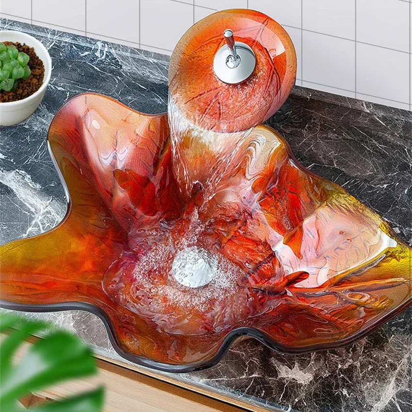 Unique Shape Irregular Bathroom Sinks Green Leaf Texture Glass Washbasin Home Improvement Washroom Countertop Art Basin with Tap