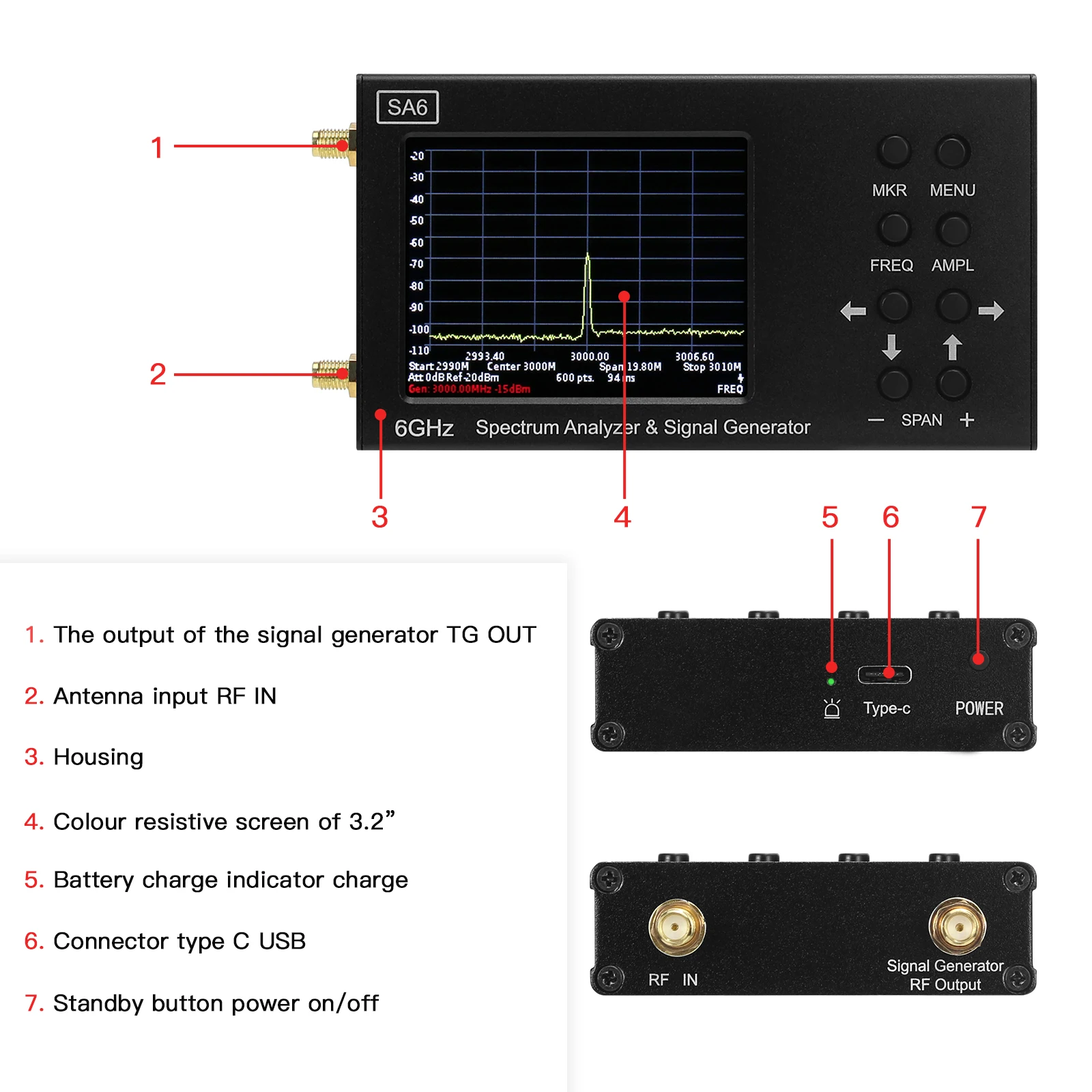 HamGeek Original SA6 35-6200MHz Spectrum Analyzer Signal Generator RF Signal Source Wi-Fi 3G 4G LTE CDMA GSM Beidou GPR GLONASS