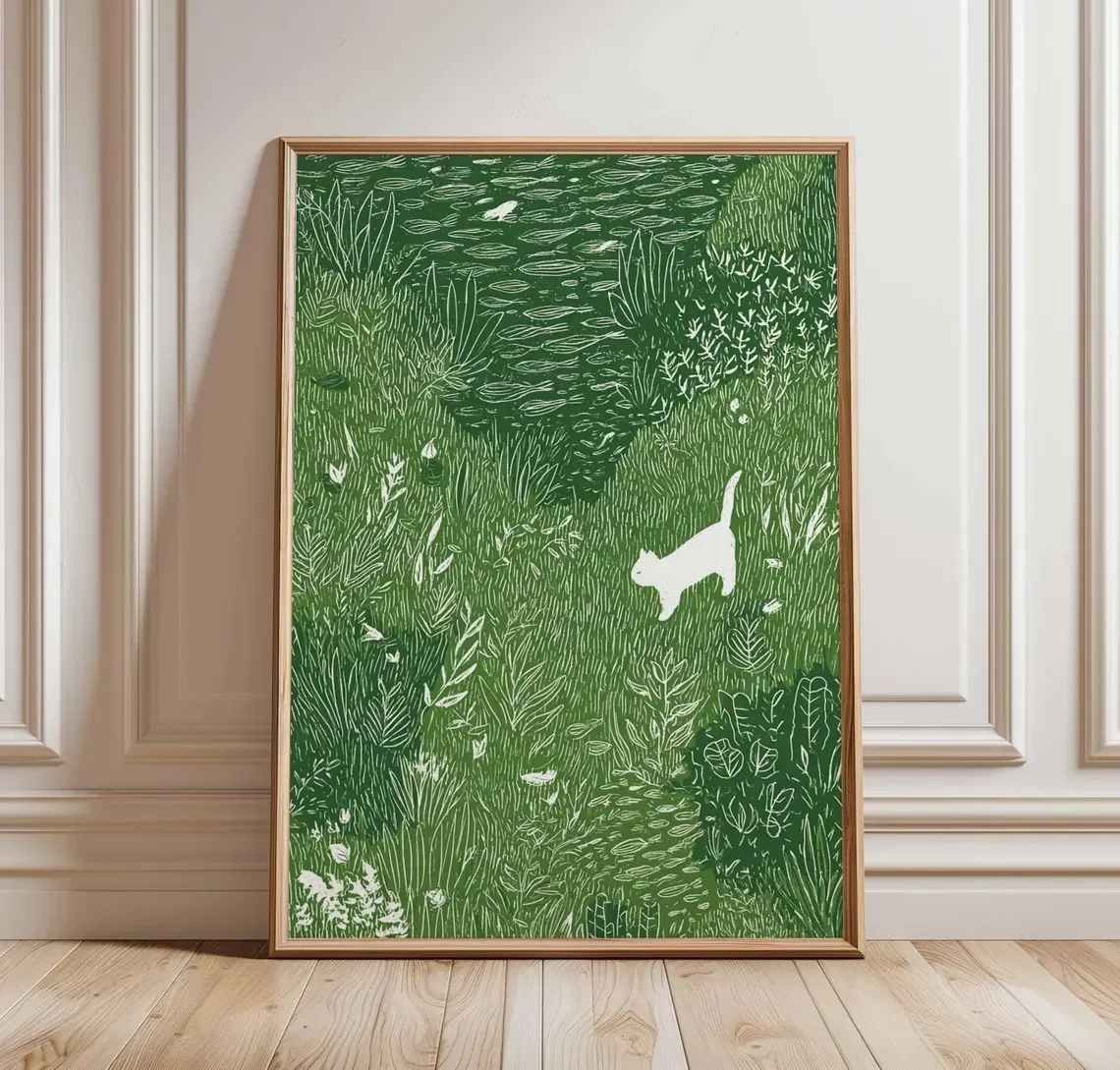 White Cat in Meadow Poster, Whimsical Animal Wall Art, Nature Grass Field Print, Playful Cat Illustration Decor